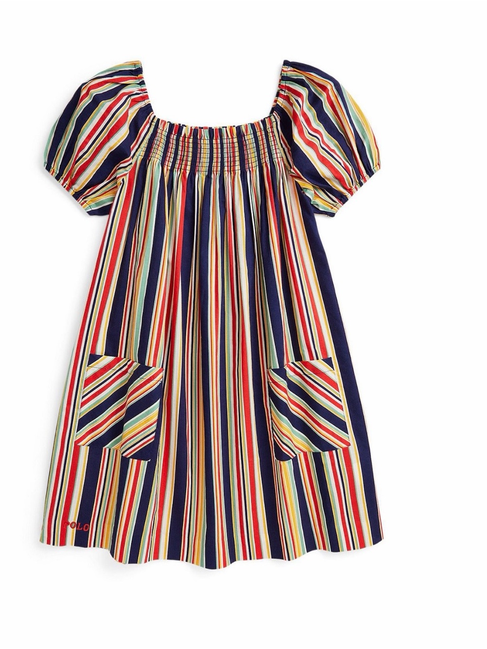 Ralph Lauren Navy Red Yellow Multi-Stripe Smocked Puff Sleeve Dress